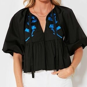 NWT Cynthia Rowley Black Puff Sleeve Babydoll Top